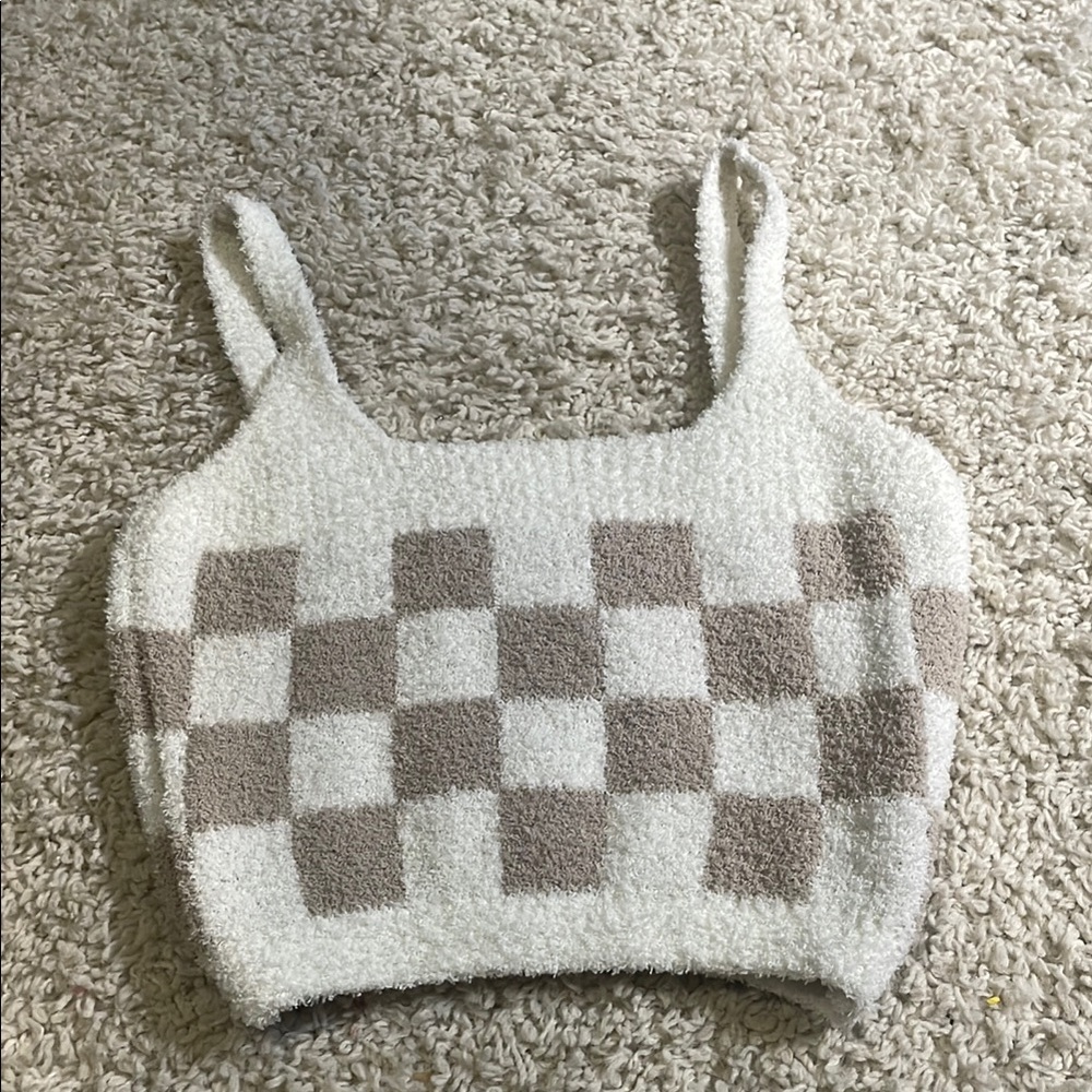 Cream and Tan Checkered Knit Crop Top